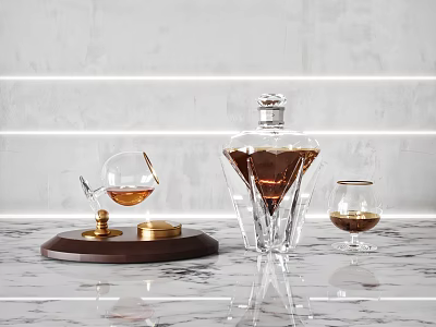 Elegant Crystal Decanter And Wine Glass With Gold Accents On Marble Countertop Gray Wall Lighting 3d model