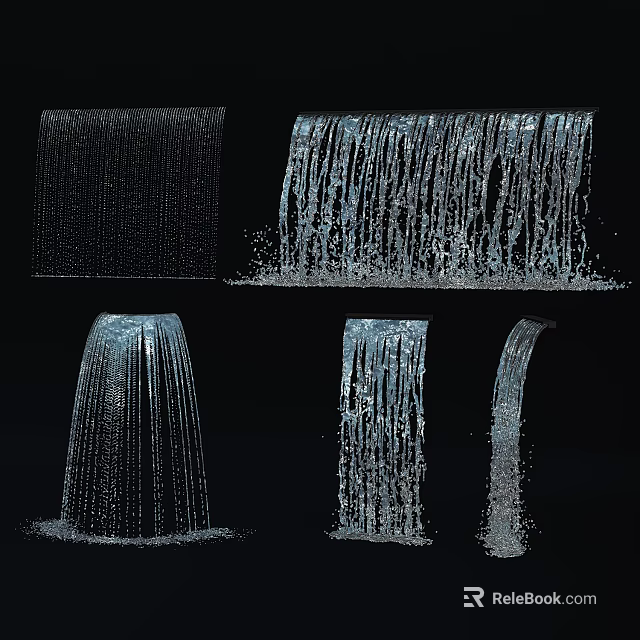 Various Water Fountain Designs With Cascading Streams Sheet Curtains And Curved Jets 3d model 