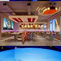 Modern Stylish Restaurant Interior With Neon Lights Red Walls Dining Tables And Display Shelves