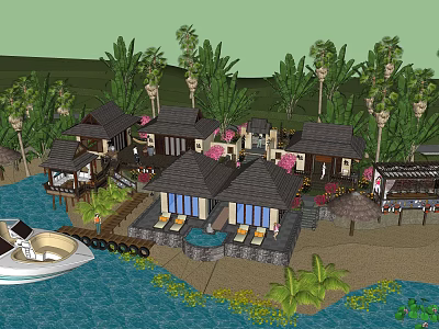 Waterfront Tropical Villa Cottages with Palm Trees Outdoor Lounge Dock Boat and Flowers 3d model