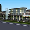 Modern Commercial Complex With High Rise Buildings Street Front Greenery And Glass Facade