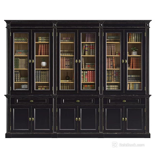 Traditional Dark Wood Bookcase With Glass Doors And Multiple Book Shelves 3d model 