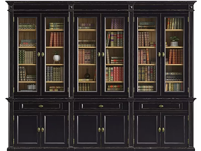 Traditional Dark Wood Bookcase With Glass Doors And Multiple Book Shelves 3d model