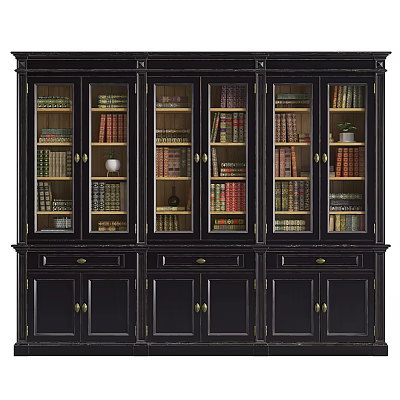 Traditional Dark Wood Bookcase With Glass Doors And Multiple Book Shelves 3d model