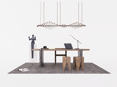 Desk and Chair Combination Table Lamp Chandelier Computer Decoration 3d model