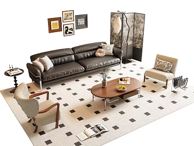 Modern Leather Sofa Set with Armchairs Coffee Table Rug and Decorative Wall Art 3d model