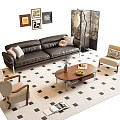 Modern Leather Sofa Set with Armchairs Coffee Table Rug and Decorative Wall Art