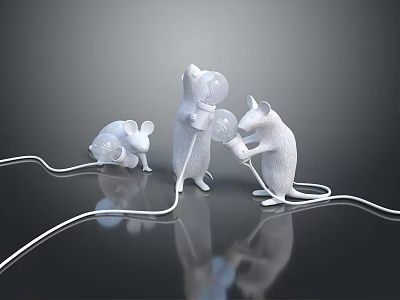 Game Movie Character Three White Mice With Light Bulb And Horns On Dark Reflective Surface 3d model