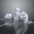 Game Movie Character Three White Mice With Light Bulb And Horns On Dark Reflective Surface