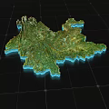 Detailed 3D Terrain Model with Green Surface and Blue Edges on Grid Background