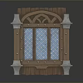 Vintage Wooden Window Frame With Arched Top Blue Diamond Glass And Stone Accents