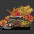 Cartoon Traditional Japanese House Scene With Colorful Autumn Leaves Small Pond And Stone Path