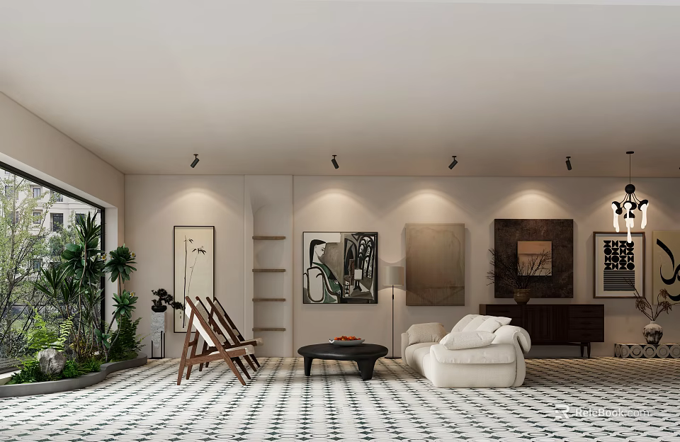 Modern Exhibition Hall Interior With White Sofa Art Paintings Green Plants And Geometric Floor 3d model 