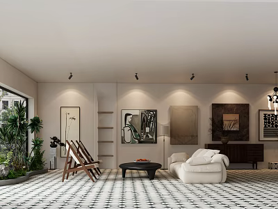 Modern Exhibition Hall Interior With White Sofa Art Paintings Green Plants And Geometric Floor 3d model