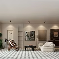 Modern Exhibition Hall Interior With White Sofa Art Paintings Green Plants And Geometric Floor