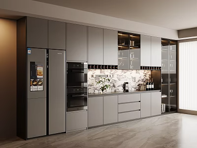 Modern Kitchen Sideboard With Gray Cabinets Marble Backsplash Appliances And Decorative Plants 3d model
