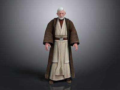 Game Movie Character White Hair Beard Brown Robe Beige Tunic Leather Belt Standing Pose 3d model