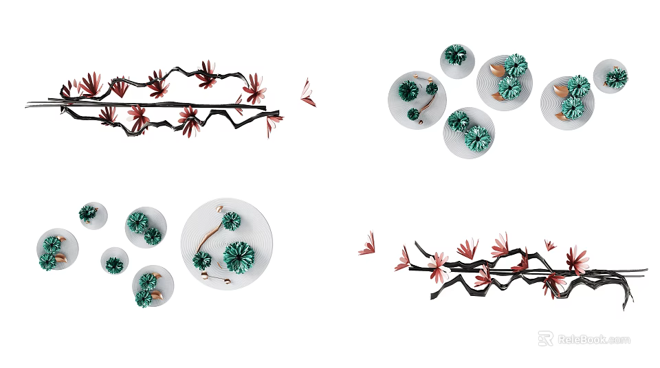 Creative Wall Decor Featuring Red Branches Green Floral And Circular Accents 3d model