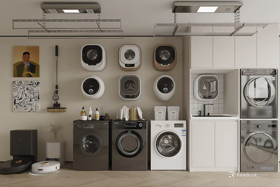 Modern Laundry Room Interior With Various Style Washing Machines And Storage Cabinets 3d model 