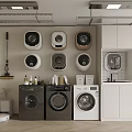 Modern Laundry Room Interior With Various Style Washing Machines And Storage Cabinets