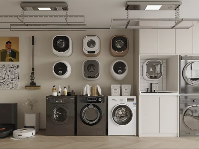 Modern Laundry Room Interior With Various Style Washing Machines And Storage Cabinets 3d model