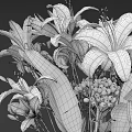 White Lilies Arrangement In Transparent Glass Vase With Spherical Parts And Scattered Leaves