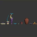 Colorful Sculptural Carvings Display On Red Tiled Floor With Vases And Decorative Items