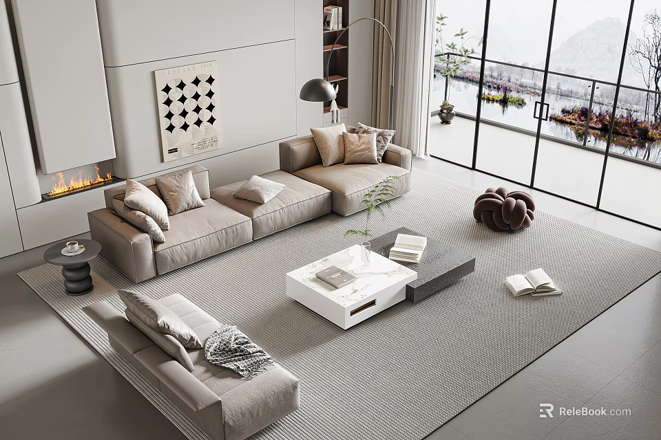 Modern Sofa And Coffee Table Set In Living Room With Fireplace Large Windows And Rug 3d model 