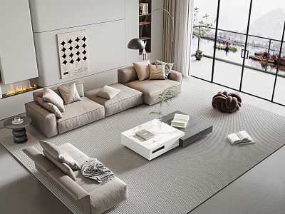 Modern Sofa And Coffee Table Set In Living Room With Fireplace Large Windows And Rug 3d model