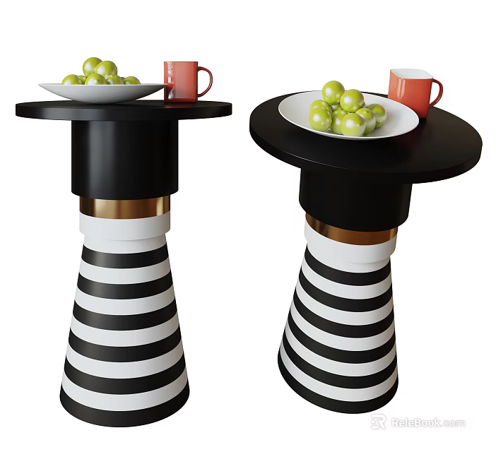 Modern Black And White Striped Side Tables With Green Fruits Plate And Red Mug 3d model 