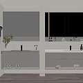 Modern Bathroom Vanity Featuring Double White Sinks Mirror And Storage Cabinets 3d model
