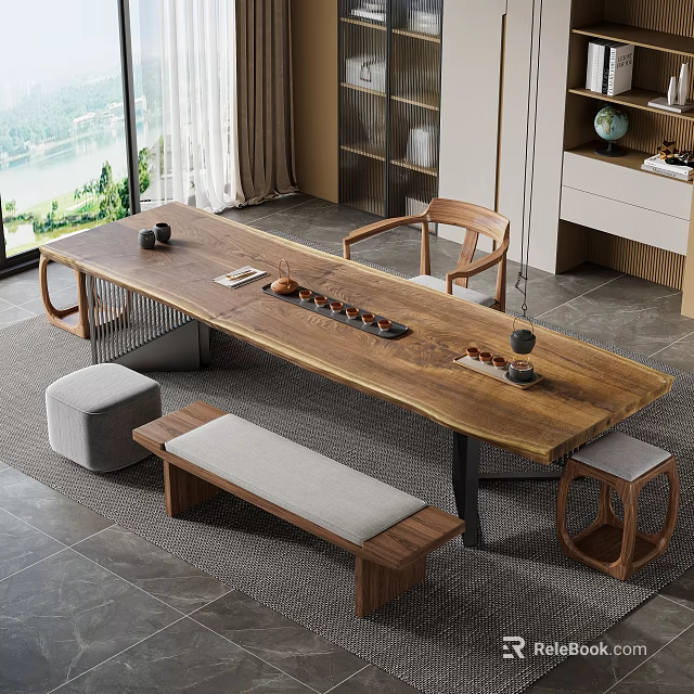 Modern Wooden Tea Table and Chairs with Bench Stools and Tea Sets by Window View 3d model 