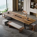Modern Wooden Tea Table and Chairs with Bench Stools and Tea Sets by Window View