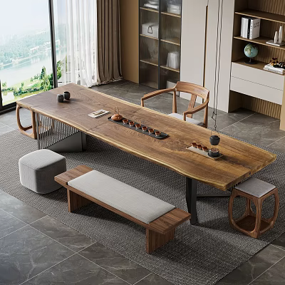 Modern Wooden Tea Table and Chairs with Bench Stools and Tea Sets by Window View 3d model