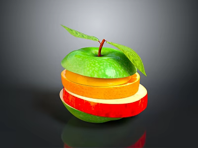 Fresh Green Apple With Leaf Stacked On Orange And Red Fruit Slices 3d model