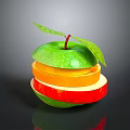 Fresh Green Apple With Leaf Stacked On Orange And Red Fruit Slices