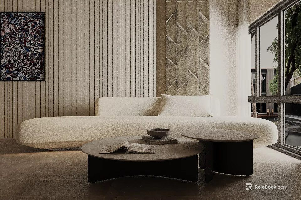 Modern Living Room White Curved Three Seater Sofa With Coffee Tables Textured Wall and Artwork 3d model 