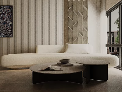 Modern Living Room White Curved Three Seater Sofa With Coffee Tables Textured Wall and Artwork 3d model