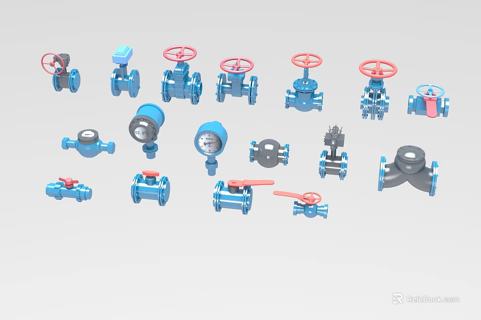Different Types of Blue Industrial Valves with Red Handwheels and Pipeline Fittings 3d model 