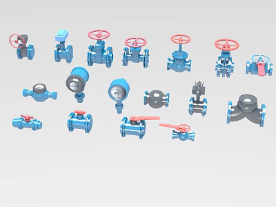 Different Types of Blue Industrial Valves with Red Handwheels and Pipeline Fittings 3d model