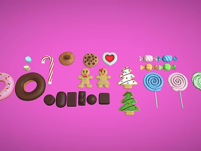 Assorted Colorful Candies and Desserts Including Donuts Gingerbread Men Lollipops and Cookies on Pink Background 3d model