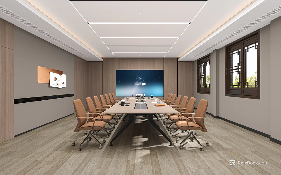 Modern Conference Room Interior With Long Table Large Screen Wooden Walls And Comfortable Chairs 3d model 