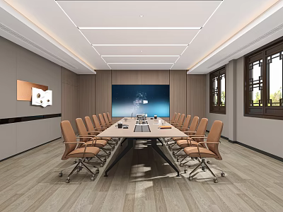 Modern Conference Room Interior With Long Table Large Screen Wooden Walls And Comfortable Chairs 3d model