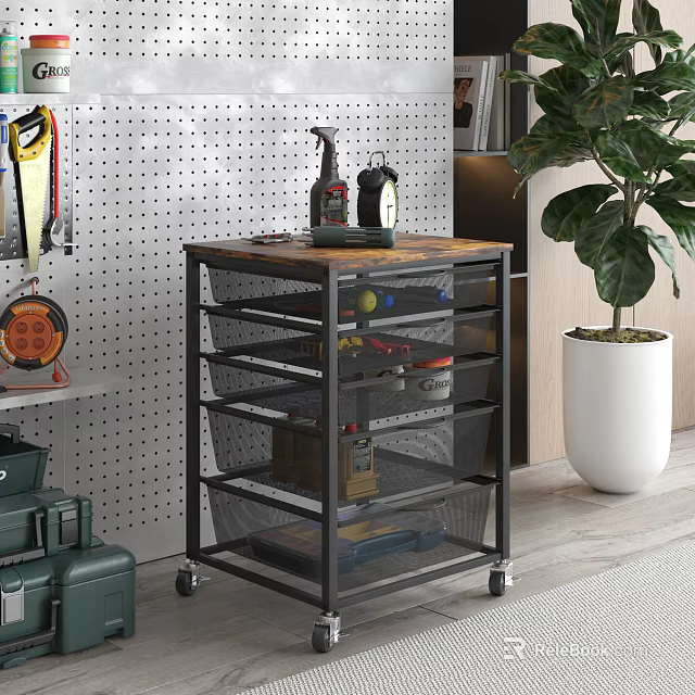 Mobile Utility Storage Rack With Mesh Drawers And Tools In Modern Interior 3d model