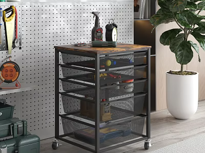 Mobile Utility Storage Rack With Mesh Drawers And Tools In Modern Interior 3d model