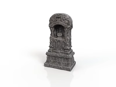 Intricate Gray Stone Sculpture With Carved Shrine Structure And Detailed Base 3d model