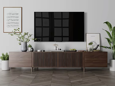 Modern Walnut TV Stand With Large TV Decorative Vases Potted Plants And Framed Wall Art 3d model