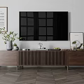 Modern Walnut TV Stand With Large TV Decorative Vases Potted Plants And Framed Wall Art