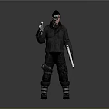 Sci Fi Character in Black Tactical Uniform with Goggles Weapon and Device