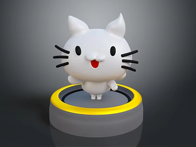 Cute White Cartoon Cat Standing On Round Gray Base With Yellow Ring 3d model